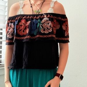 Free People Pink and Red Embellished Off-Shoulder Crop Top